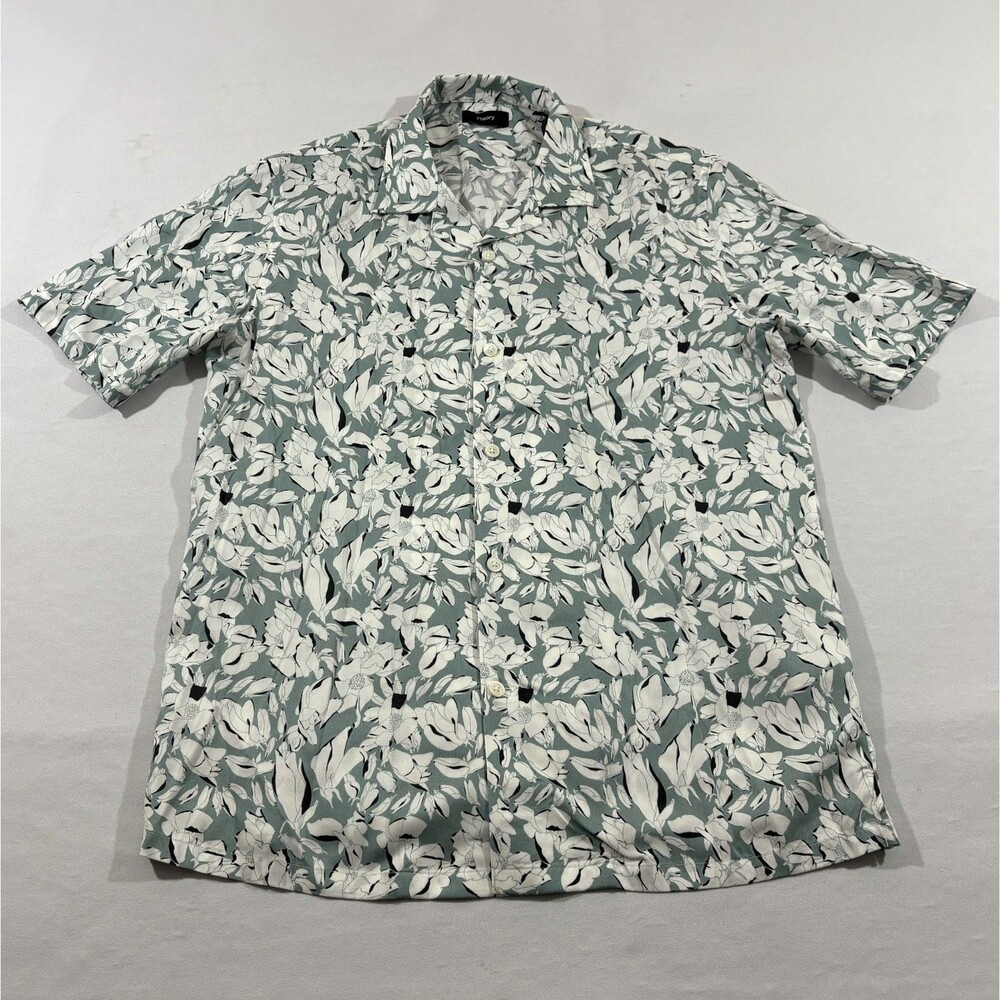 Theory Daze Tossed Floral Print Shirt Mens Blue White Camp Collar Button Sz M